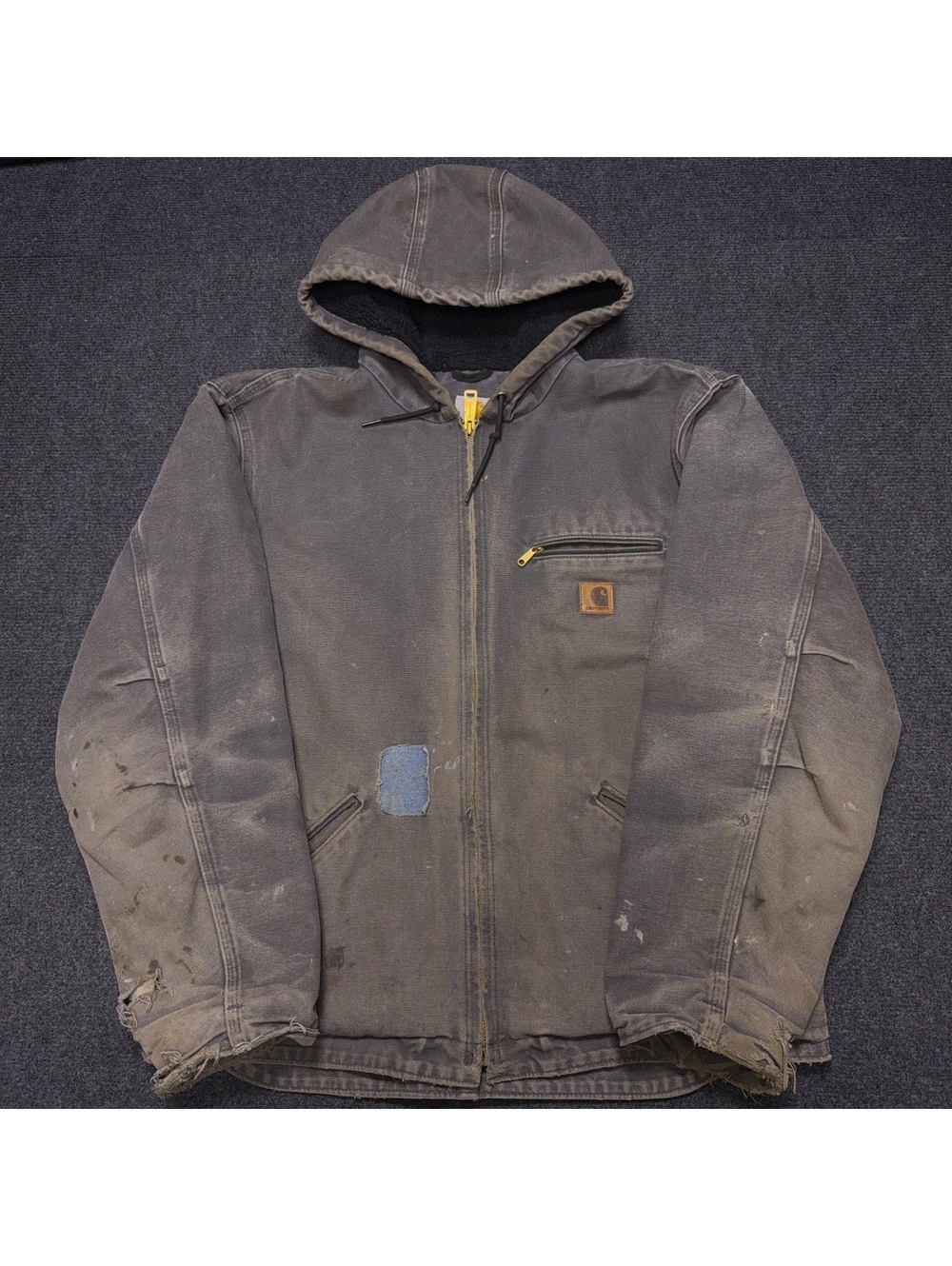 Carhartt Men's Utility Jacket Large Brown Hooded Faded Workwear